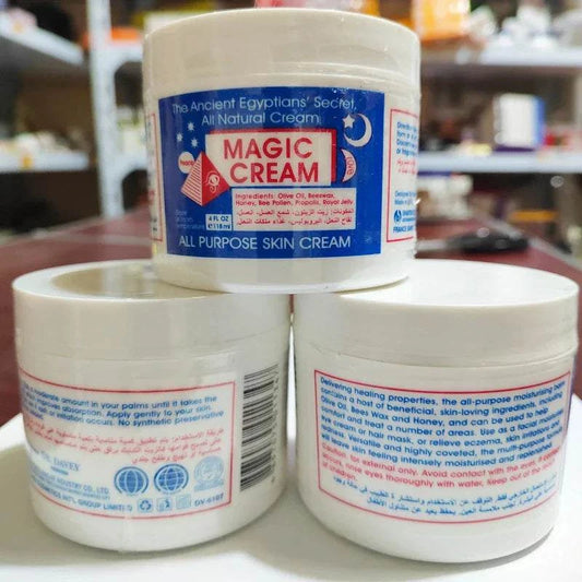 Magic Facial Cream jars on a shelf, featuring all-purpose, moisturizing skin cream with natural ingredients.