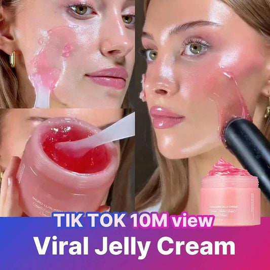 Viral pink jelly cream applied to woman's face for glowing and lifted skin effect.