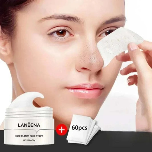 LANBENA Nose Blackhead Remove Mask being applied to woman's nose with 60pcs of pore strips.