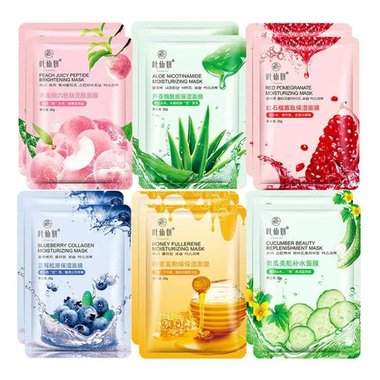 12 pieces of blueberry, aloe, cucumber, and peach moisturizing facial mask sheets for beauty and skin care.