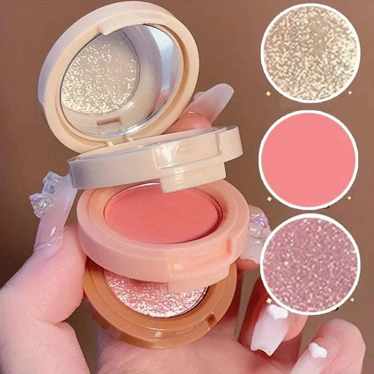 3-in-1 makeup palette with matte and pearlescent textures, featuring glitter blush, highlighter, and contour layers.