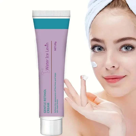 Gentle Retinol Cream tube with moisturizer application on woman's face, enhancing elasticity and brightness.
