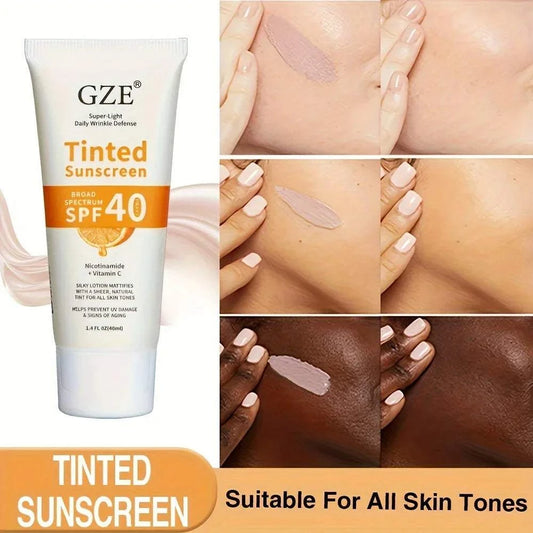 GZE Vitamin C tinted sunscreen with SPF 40, hydrating mineral formula for healthy glow, suitable for all skin tones.