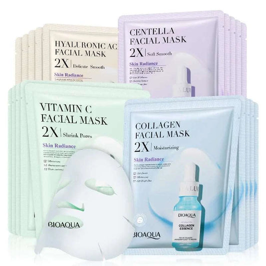 20pcs BIOAQUA Centella Collagen Face Mask set for moisturizing, anti-aging, and acne treatment.