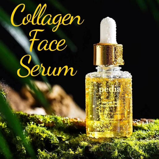 Collagen face serum bottle among lush greenery, illuminated.