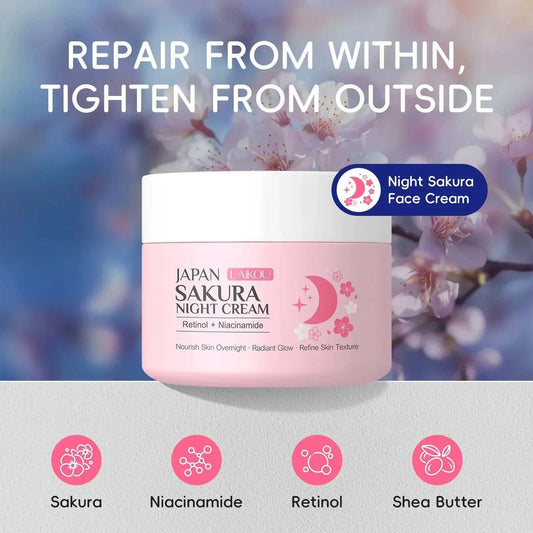 LAIKOU Blossom Face Cream with Sakura Extract, Niacinamide, Retinol, and Shea Butter for deep hydration and smoothing.