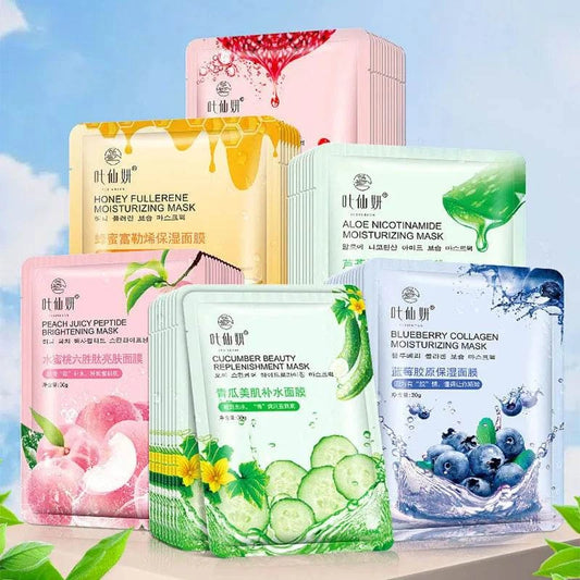 12 pieces of blueberry, aloe, cucumber, and peach moisturizing face mask sheets for skin care.