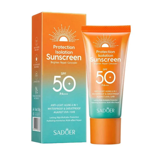 SPF 50+ sunscreen tube and box, facial skincare, PA+++ protection.