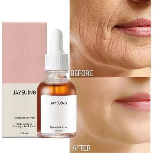 Ginseng Snail Serum bottle with before and after skin results, anti-aging and moisturizing benefits.