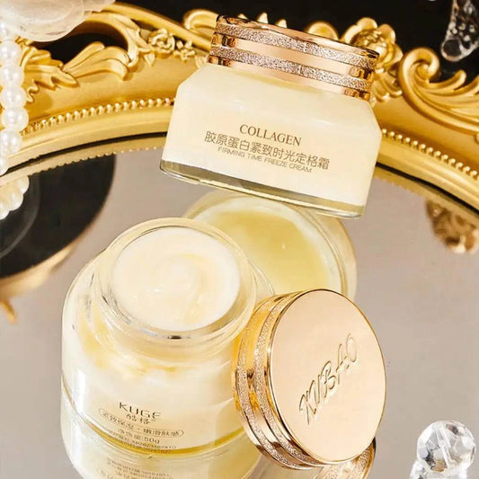 Collagen Face Cream jar on decorative surface, emphasizes lifting and moisturizing benefits.
