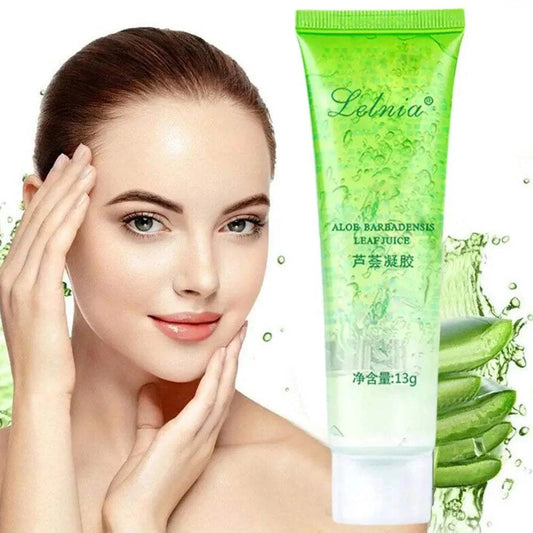 Aloe Vera Gel natural moisturizing face cream tube next to a woman applying skincare.