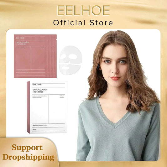 EELHOE Bio Collagen Facial Mask package and model promoting skin firming and hydration.