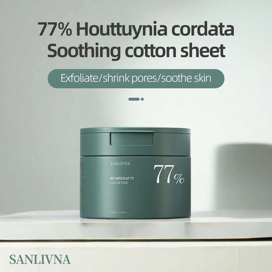 Heartleaf 77 Toning Pads with Heartleaf Extract for pore care and face hydration in green container by SANLIVNA.