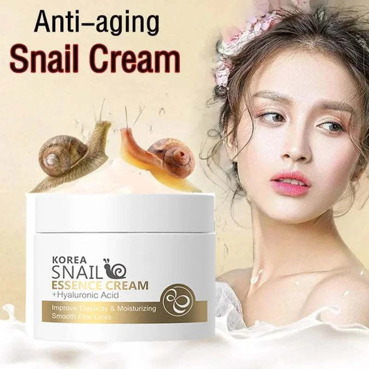 Snail Anti-aging Cream with collagen and hyaluronic acid, shown with snails and a woman, improves skin elasticity and moisture.
