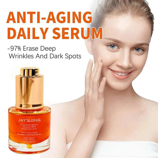 Anti-aging daily serum erases deep wrinkles and dark spots, featuring a smiling woman with glowing skin.