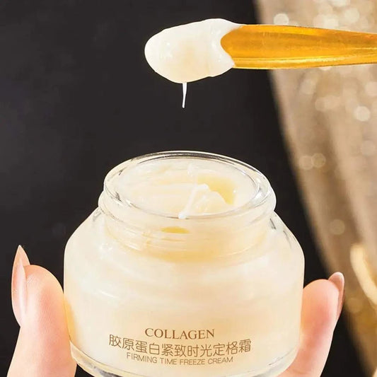 Collagen Face Cream in a jar with a spatula, moisturizing and firming.