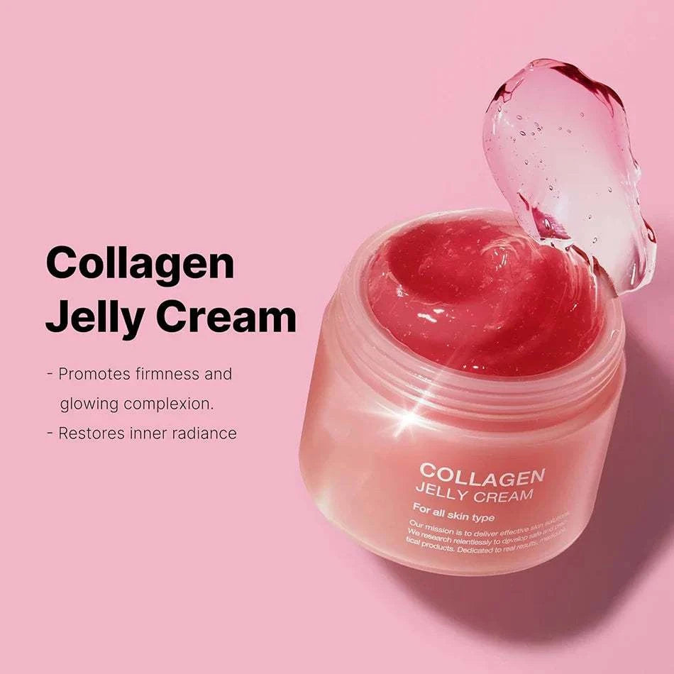 Glow & Lifted Collagen Jelly Cream in pink jar, promotes firmness and glowing complexion.