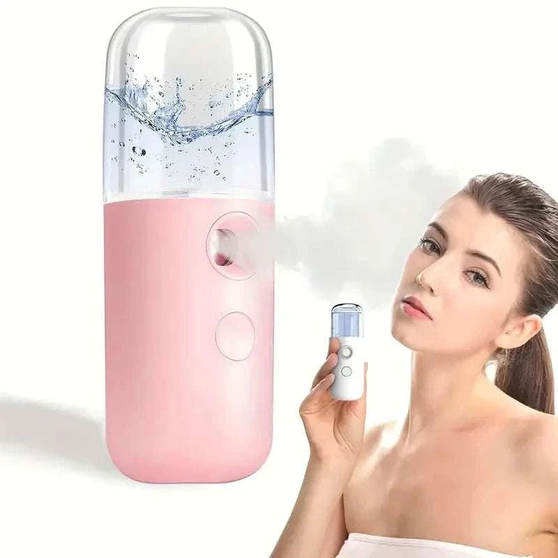 Mini facial steamer with woman using personal nano sprayer for skincare.