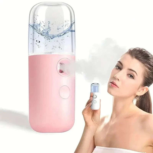 Mini facial steamer with woman using personal nano sprayer for skincare.