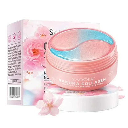 SADOER Sakura Collagen Eye Mask packaging and container featuring pink and blue eye patches.