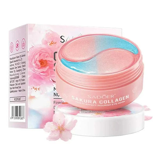 SADOER Sakura Collagen Eye Mask packaging and container featuring pink and blue eye patches.