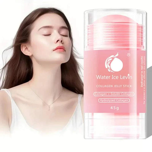 Face and neck cream stick with collagen, shown next to a serene woman, by Water Ice Levin.