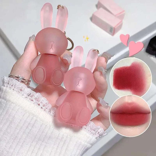 Gege Bear Rabbit Lip Glaze in pink bunny packaging, showcasing matte velvet texture and lip color swatches.