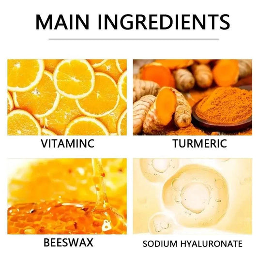 Main ingredients of Vitamin C and turmeric hand wax mask: oranges, turmeric, beeswax, sodium hyaluronate.