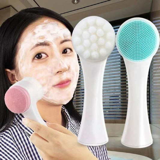 Silica gel facial brush with double-sided design, cleansing and exfoliating features, ideal for blackhead removal and pore cleaning.