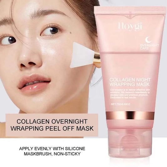 Collagen overnight wrapping peel off mask with hydrating, firming, and anti-aging benefits, 75ml tube.